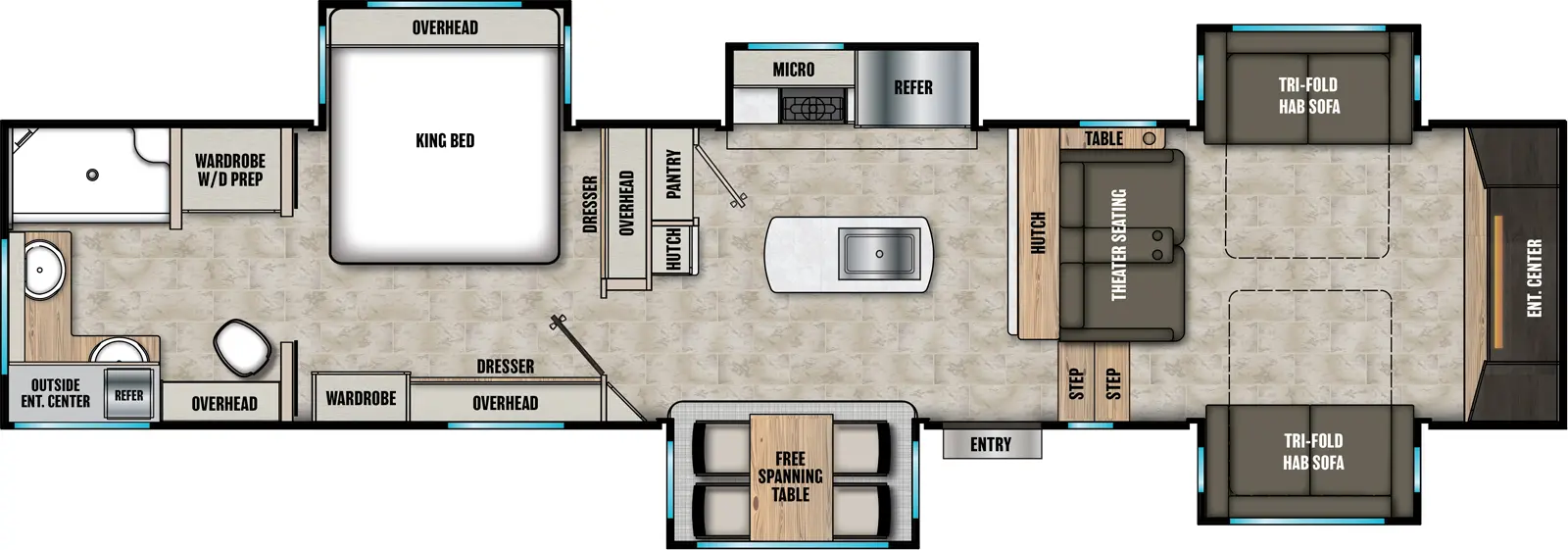 The Chaparral 334FL floorplan has one entry and five slide outs. Exterior features include: fiberglass exterior, 20' awning,  outside entertainment and outside kitchen. Interiors features include: kitchen island, free-standing dinette option, front living and rear bathroom.